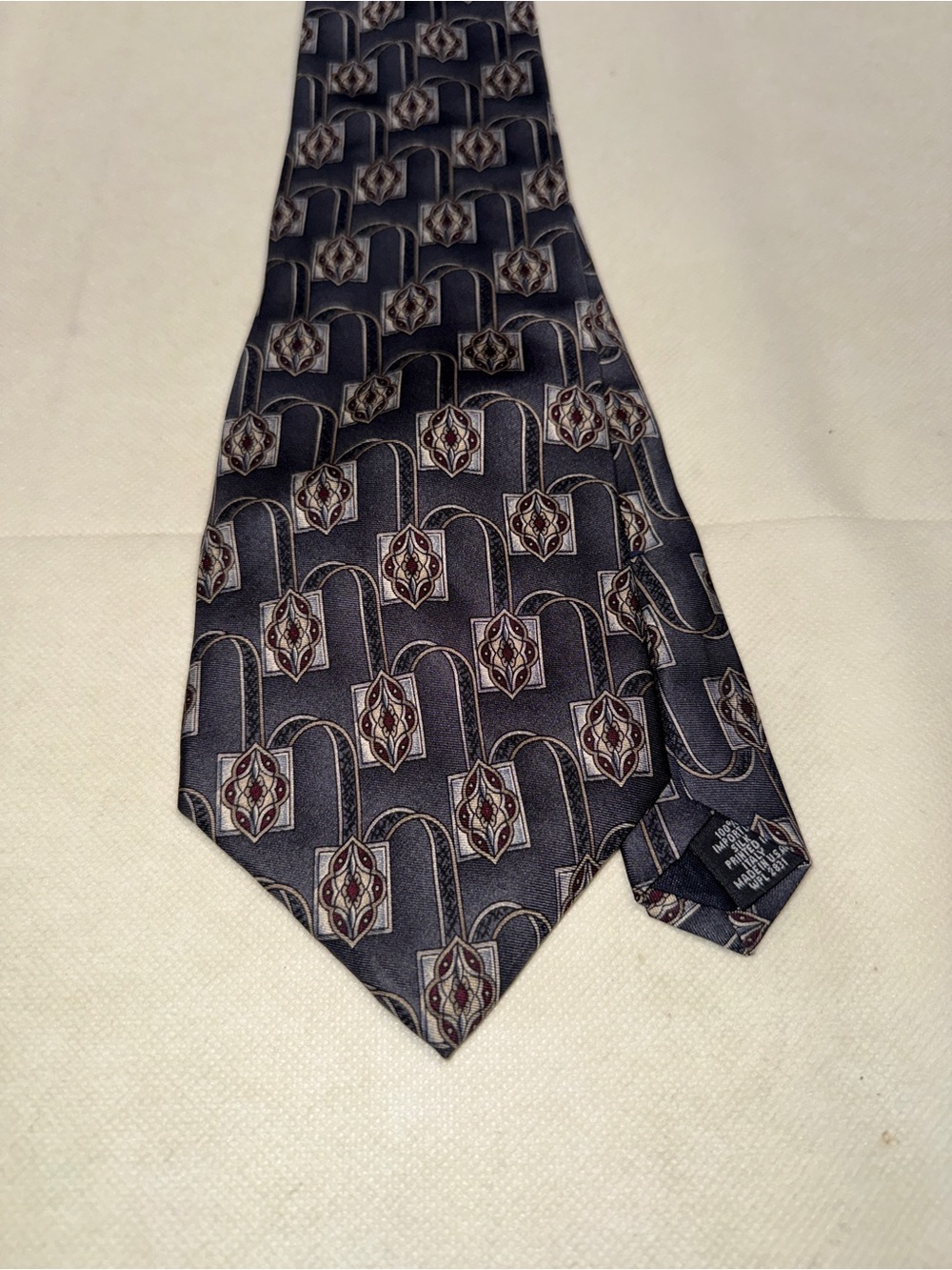 Classic Geometric Men's Tie in Dark Gray with Burgundy Motif made in USA